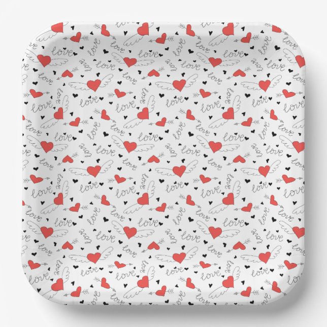 Valentins Liebesvogel rotes Herz Muster Pappteller (Vorderseite)