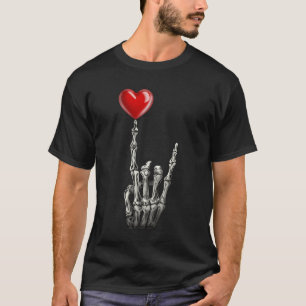 Valentins Rockstar-Skelett-Handzeichen-Herzgeschen T-Shirt