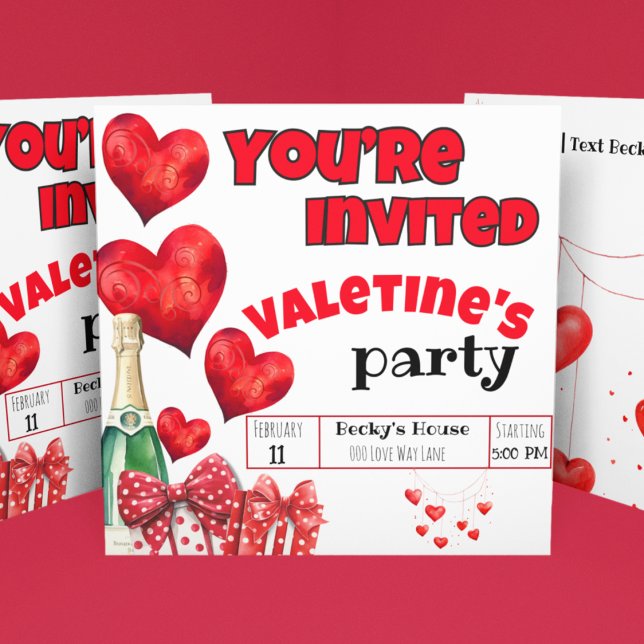 Valentins Rote Herzen und Polka Dots Champagne Einladung (Bold and fun red hearts and polka dots on a Valentine's Day Party customizable invitation. )