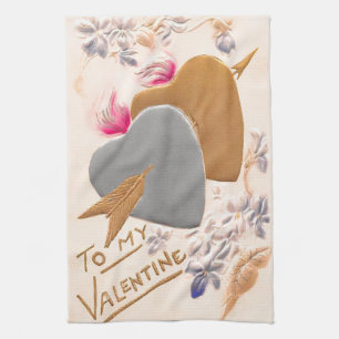 Valentins Silber- und Goldherzen Antike Postkarte Handtuch