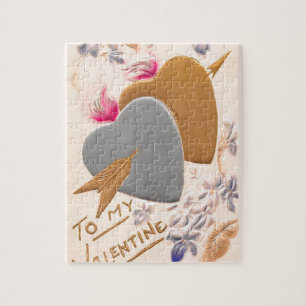 Valentins Silber- und Goldherzen Antike Postkarte Puzzle