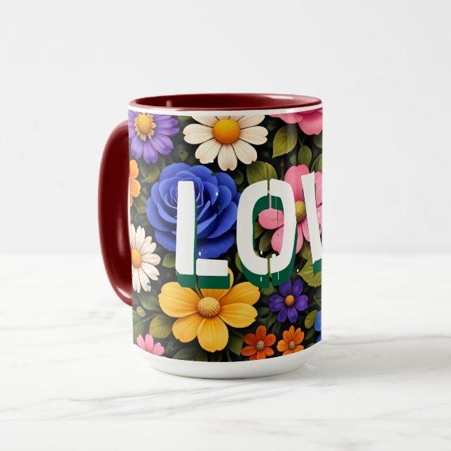 Valentinsbecher Blumen-Design-Muster Liebestext Tasse (Vorderseite Links)