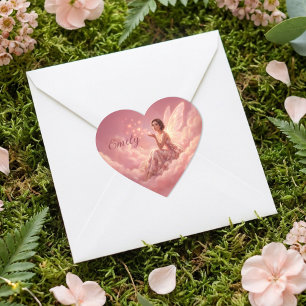Valentinsfee auf rosa Wolken Fantasy Art Name Herz-Aufkleber