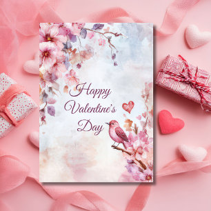 Valentinsgruß mit Vogel, Blumen und Herz Karte