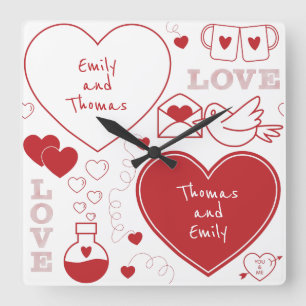 Valentinsgruß-Muster-Wanduhr - Rot auf Weiß Quadratische Wanduhr