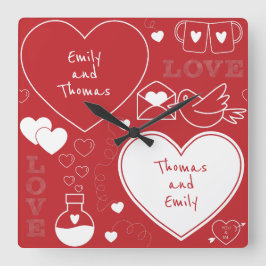 Valentinsgruß-Muster-Wanduhr - Weiß auf Rot Quadratische Wanduhr