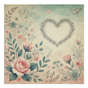 Valentinsherz Blumen vintage pastell Aquarell Poster