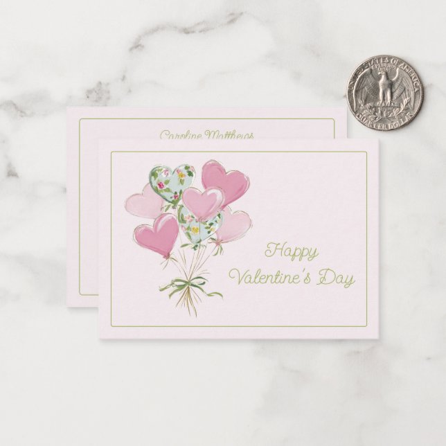 Valentinsherz rosa und grüne Herzballons Mitteilungskarte (Vorderseite/Rückseite Beispiel)