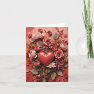 Valentinsherz und Blumen auf rotem Zaun Feiertagskarte