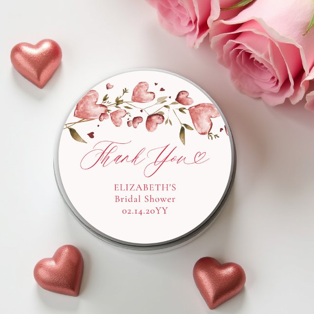 Valentinsherzen Liebesgarten Reben Brautdusche Runder Aufkleber (valentine bridal shower sticker brunch bubbly watercolor hearts showered with love garden party)