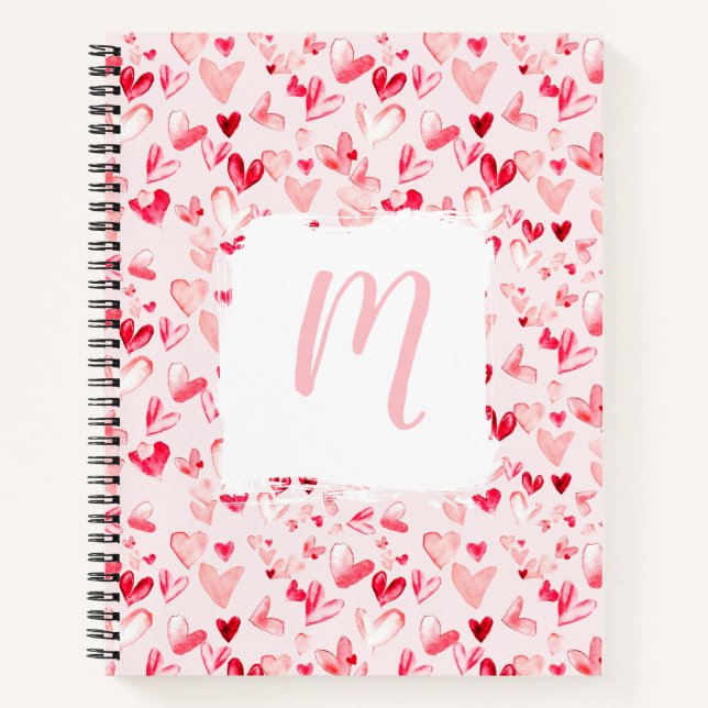 Valentinsherzen Whimsicaler Wasserfarben-Monogramm Notizbuch (Vorderseite)