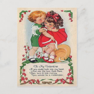 Valentinskarte mit Vintage-Retro-Kindern, die Herz Feiertagspostkarte