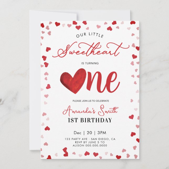 Valentinstag 1. Geburtstag Mädchen Einladung (Vorderseite)