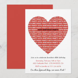 Valentinstag 40. Geburtstagstypografie Red Black Einladung