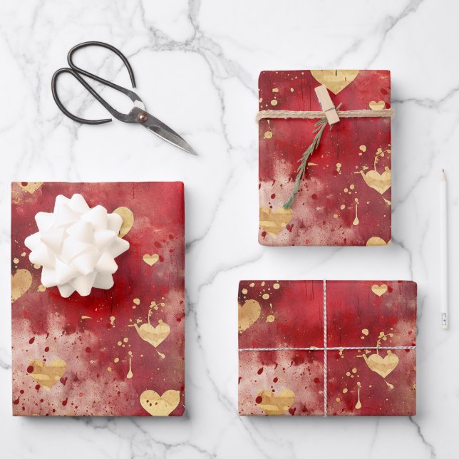 Valentinstag Abstrakt Grunge Gold Farbherzen Geschenkpapier Set (Vorderseite)