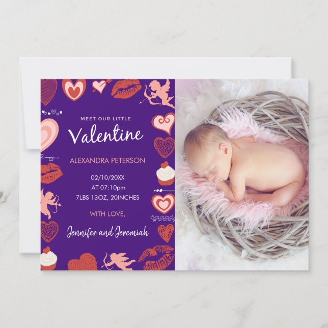 Valentinstag-Baby-Ankündigung lila Cupiden Ankündigung (Vorderseite)
