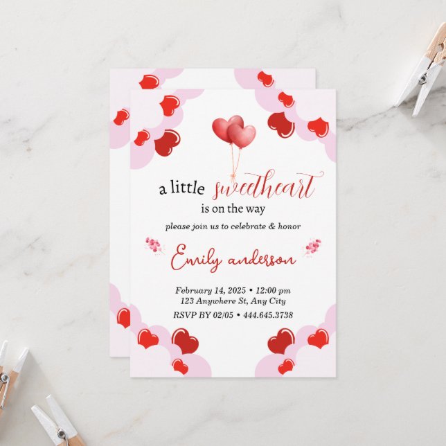 Valentinstag Baby Duwer Einladung Herzen (Vorderseite/Rückseite Beispiel)