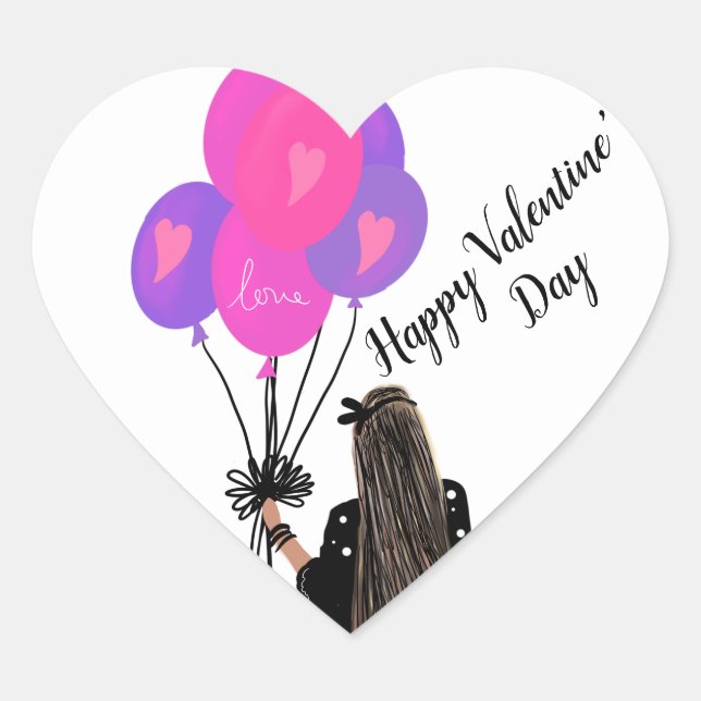 Valentinstag Balloon Chic Girl Illustration Pink Herz-Aufkleber (Vorderseite)