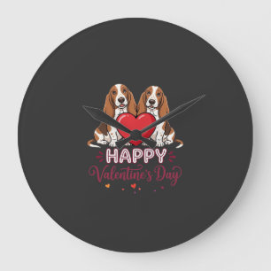 Valentinstag-Basset-Hound-Blumen-Hund Große Wanduhr