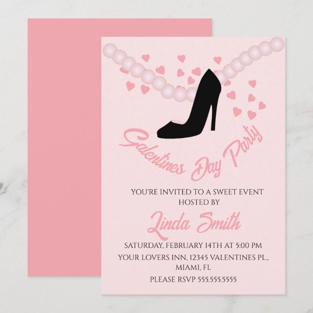 Valentinstag Black Pink Hearts Heelse Einladung (Vorne/Hinten)