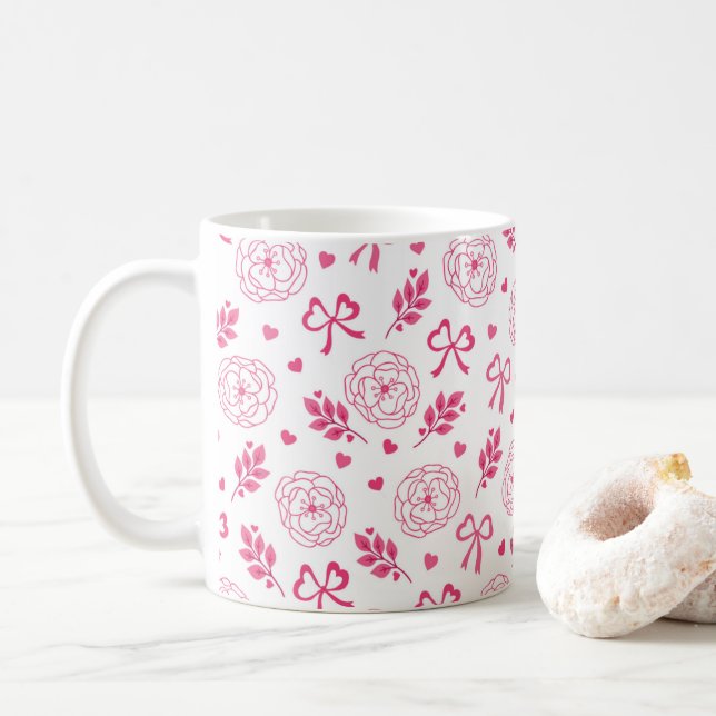 Valentinstag Blume Ribbon Hearts Pink Kaffeetasse (Mit Donut)
