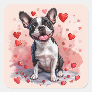 Valentinstag Boston Terrier Dog Quadratischer Aufkleber