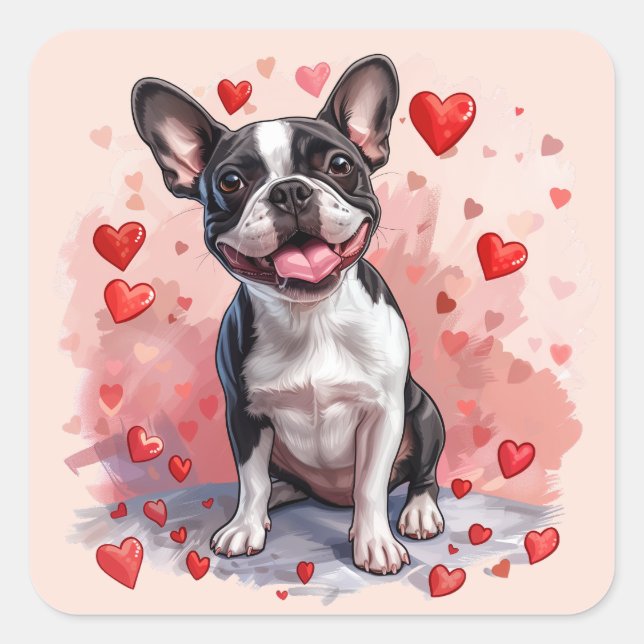 Valentinstag Boston Terrier Dog Quadratischer Aufkleber (Vorderseite)
