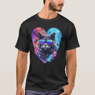 Valentinstag Bunte Herz Sonnenbrille Süße Katze T-Shirt