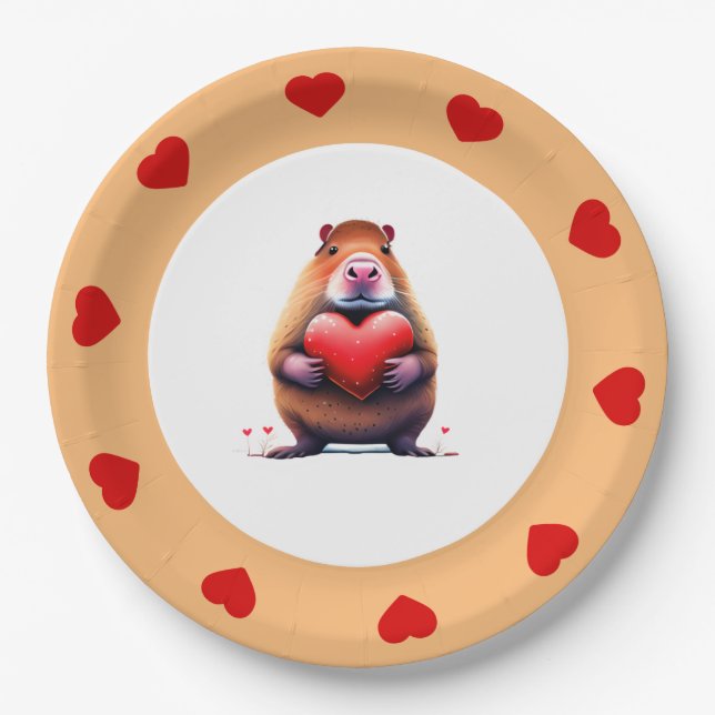 Valentinstag Capybara, 7" Rundpapierplatte Pappteller (Vorderseite)