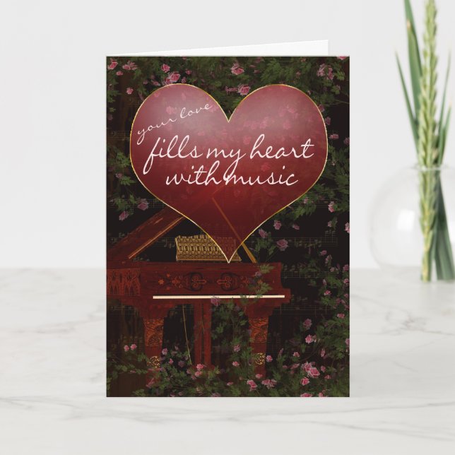 Valentinstag Card - Piano, Musik, Rose Feiertagskarte (Vorderseite)
