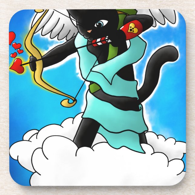 Valentinstag Coal Black Cupid Cat+BGC Getränkeuntersetzer (Vorderseite)