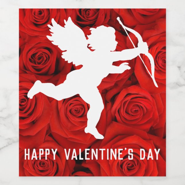 Valentinstag Cupid und Rote Rosen Weinetikett (Einzelnes Label)