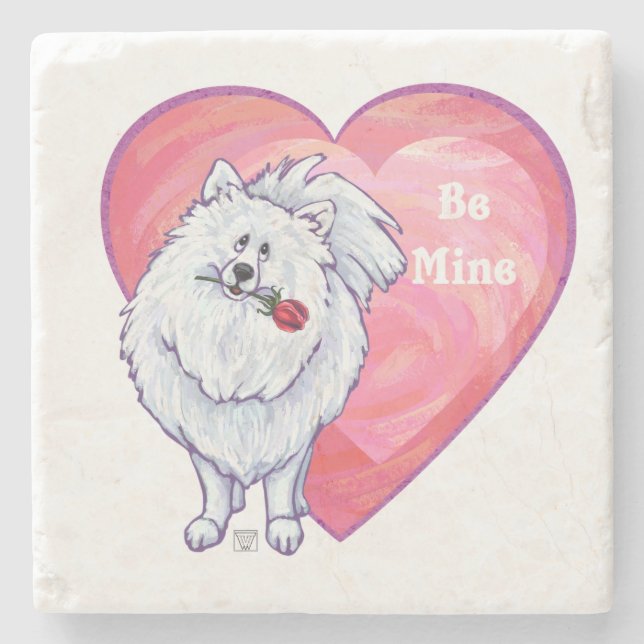 Valentinstag des weißen Spitzes Steinuntersetzer (Vorderseite)
