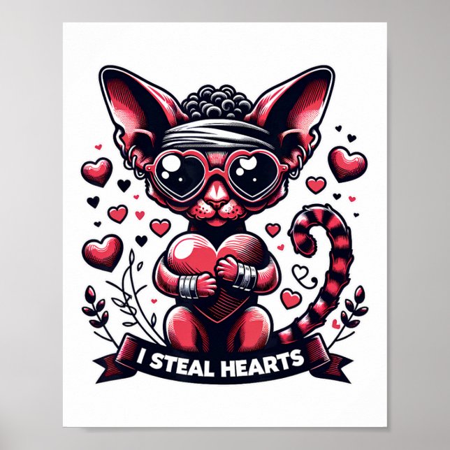 Valentinstag Devon Rex Cat I Steal Hearts Poster (Vorne)