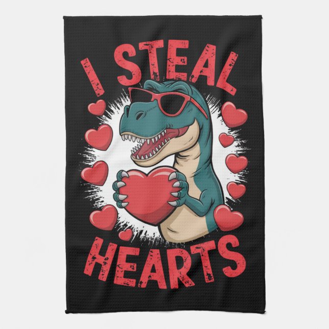 Valentinstag Dinosaur I Steal Hearts Liebe T rex Geschirrtuch (Vertikal)
