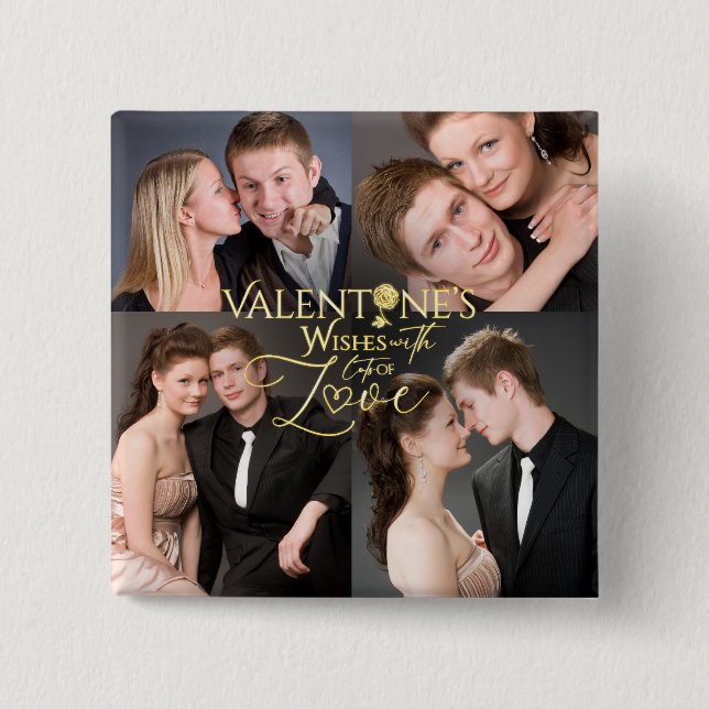 Valentinstag Elegante Gold-Foto-Collage  Button (Vorderseite)