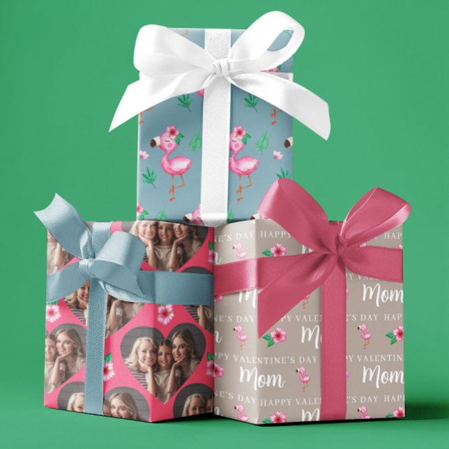 Valentinstag Flamingo Wrapping Papier Blätter (Celebrate mom this Valentine's Day with these personalized photo flamingo wrapping paper sheets! )