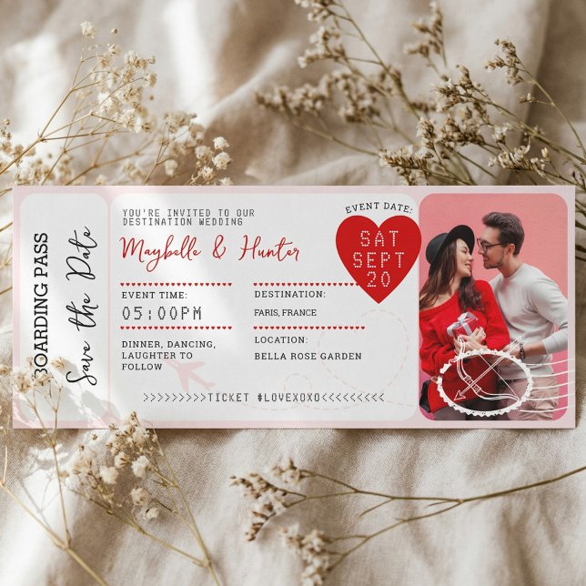 Valentinstag-Flugticket Save-the-Date Einladung (Valentine Airplane Boarding Pass Save The Date Invitation)