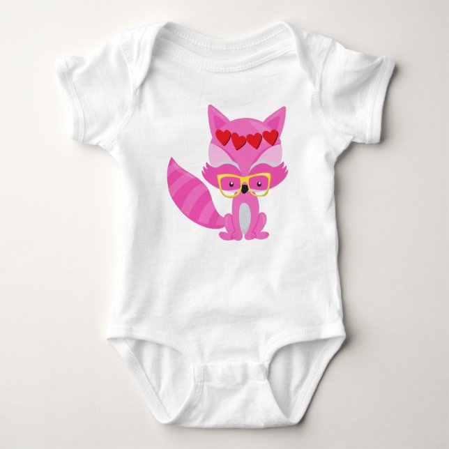 Valentinstag Fox, Rosa Fox, Brille, Herz Baby Strampler (Vorderseite)