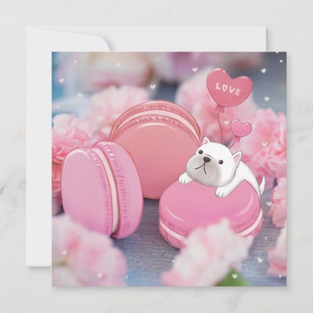 Valentinstag: Französischer Bulldog, Macarons & Bl Einladung (Vorderseite)