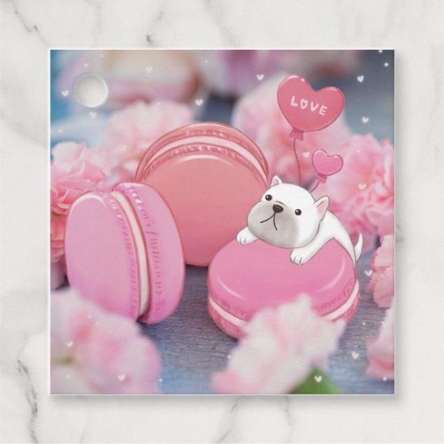Valentinstag: Französischer Bulldog, Macarons & Bl Geschenkanhänger (Vorderseite)