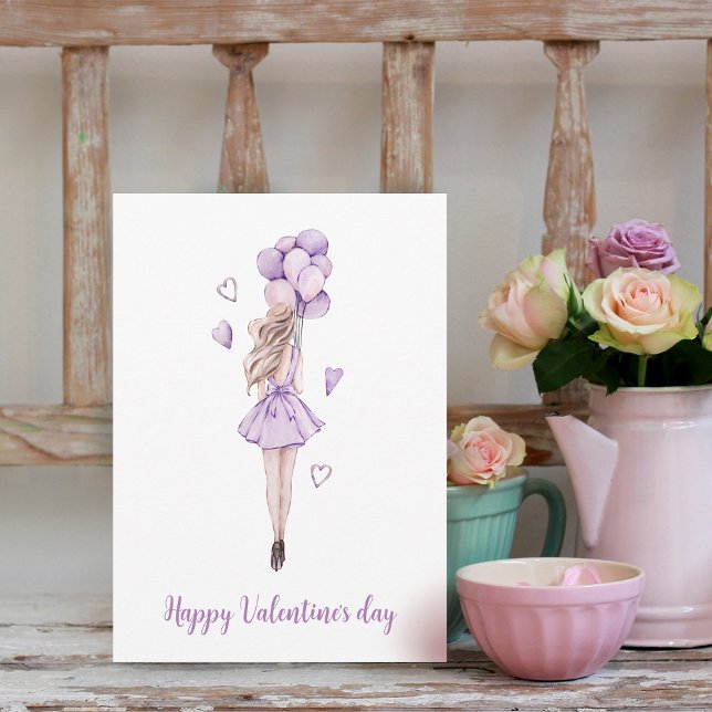 Valentinstag Frau mit Ballon Feiertagskarte (Von Creator hochgeladen)