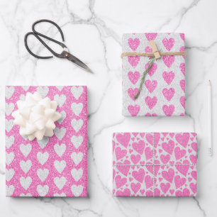 Valentinstag Geburtstag Rosa Weiße Glitzer Herzen Geschenkpapier Set