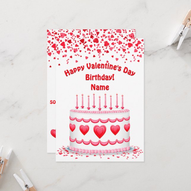 Valentinstag Geburtstagskuchen Flache benutzerdefi Karte (Vorderseite/Rückseite Beispiel)