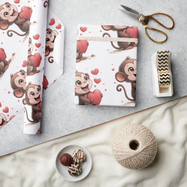 Valentinstag-Geschenkpapier-Affe Rote Herzen Geschenkpapier (Kunsthandwerk)