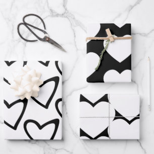 Valentinstag Große Herzen Schwarz-Weiß-Muster Geschenkpapier Set