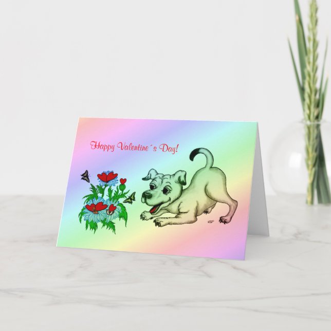Valentinstag, Herz, Blume, Welpe & Schmetterling Feiertagskarte (Vorderseite)