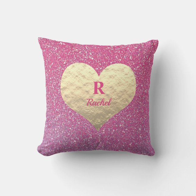 Valentinstag Herzmonogramm Gold Pink Glitterie Kissen (Vorderseite)
