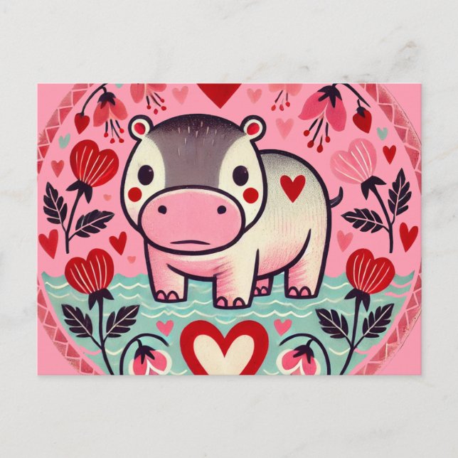 Valentinstag Hippo Hippopotamus Postkarte (Vorderseite)