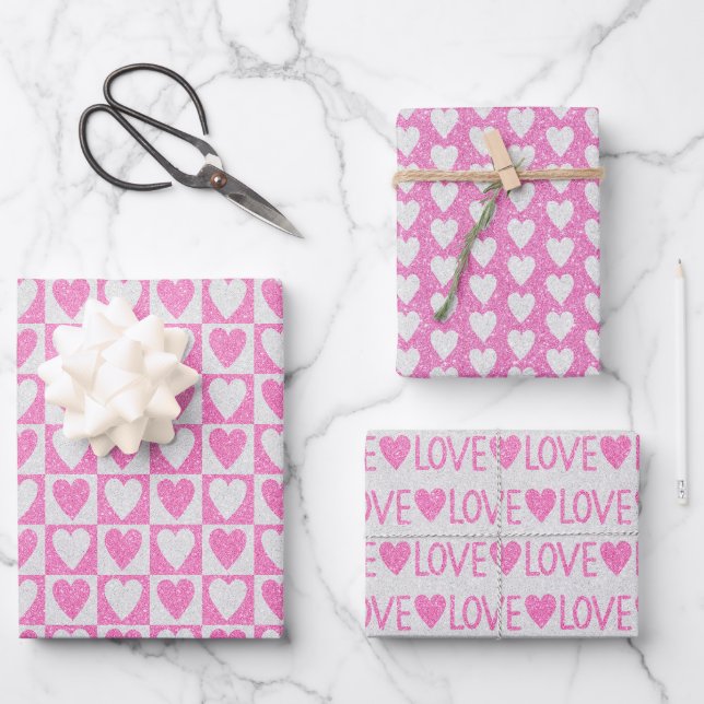Valentinstag Hochzeit Rosa Glitzer Herz Geschenkpapier Set (Vorderseite)